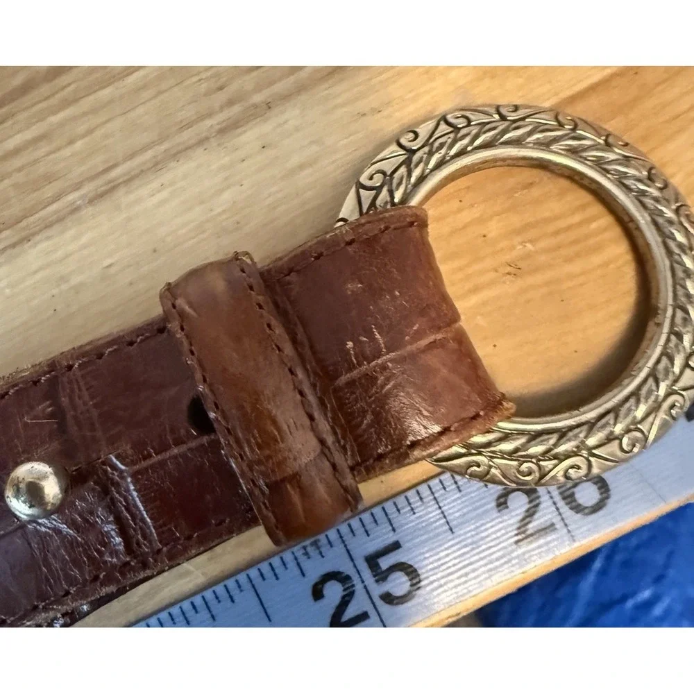 Lands End Belt Vintage Double Strap Brown Leather Woven Silver Toggle Size 26